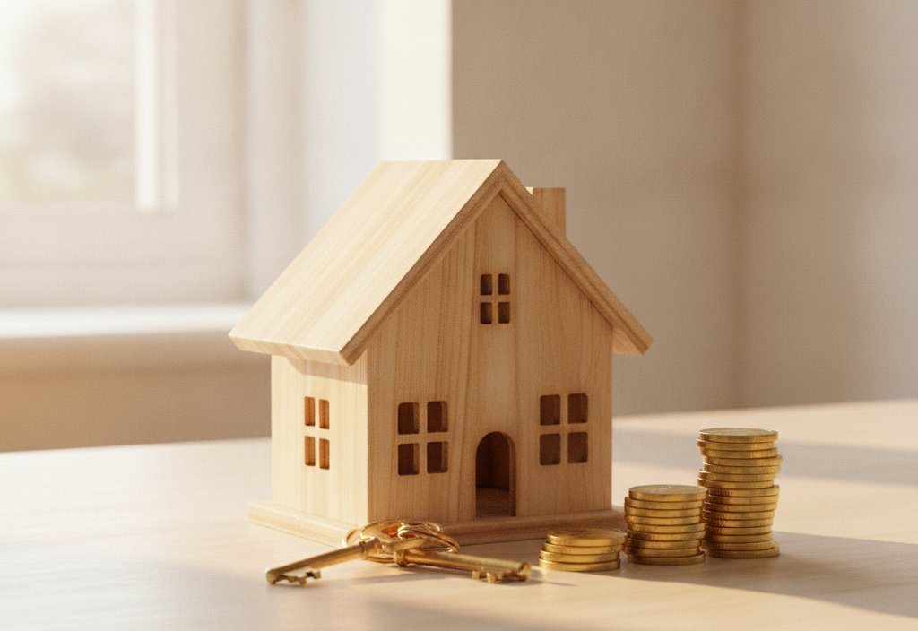 A small wooden model house with keys and gold coins on a clean light desk, warm daylight